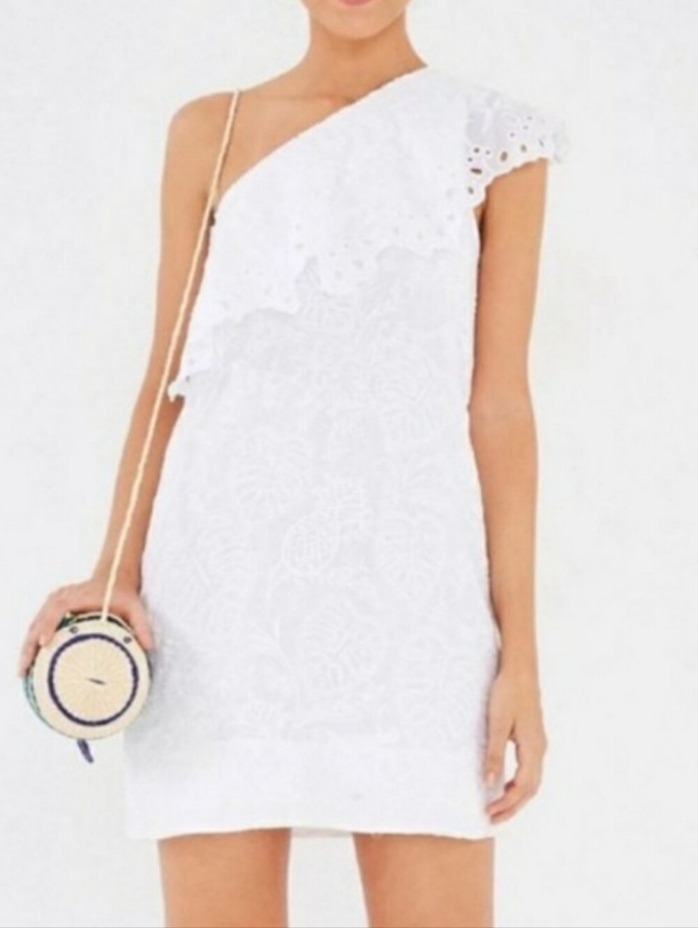 FARM RIO White Tropical Eyelet One Shoulder Mini Dress Cotton Lace Ruffle XS